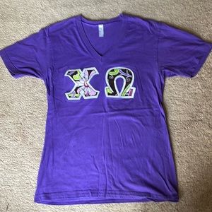 Chi Omega Greek letter double stitch, purple T-shirt - size small